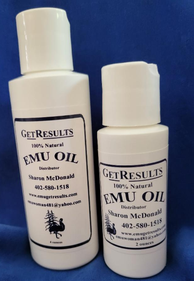 Emu Oil in a 4ounce and a 2 ounce bottle